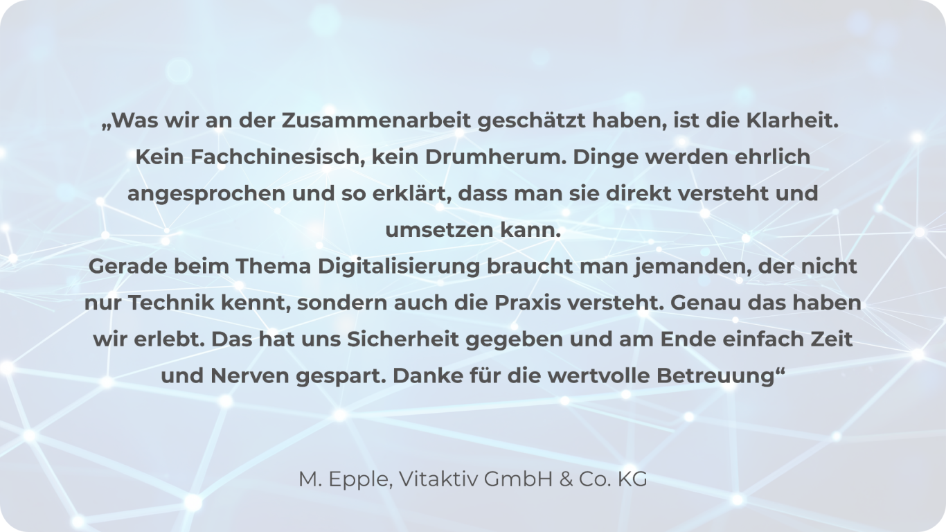 Kundenstatement 1 Texte über digitale Zusammenarbeit und Sicherheit in der Unternehmensberatung für Praxen.